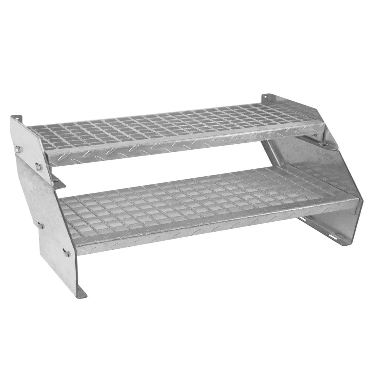 Adjustable galvanized staircase with two sections, featuring a diamond-patterned surface and a sturdy, metallic finish, 900mm wide