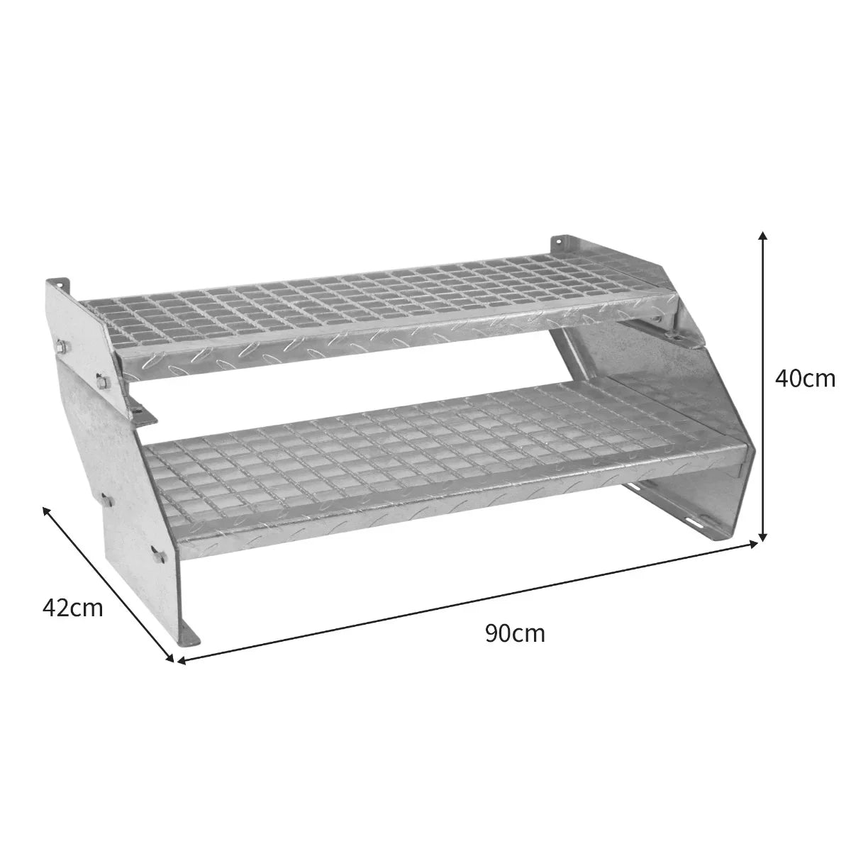 Galvanised adjustable two-section staircase with a 900mm width, featuring a diamond-patterned surface and sturdy metal construction