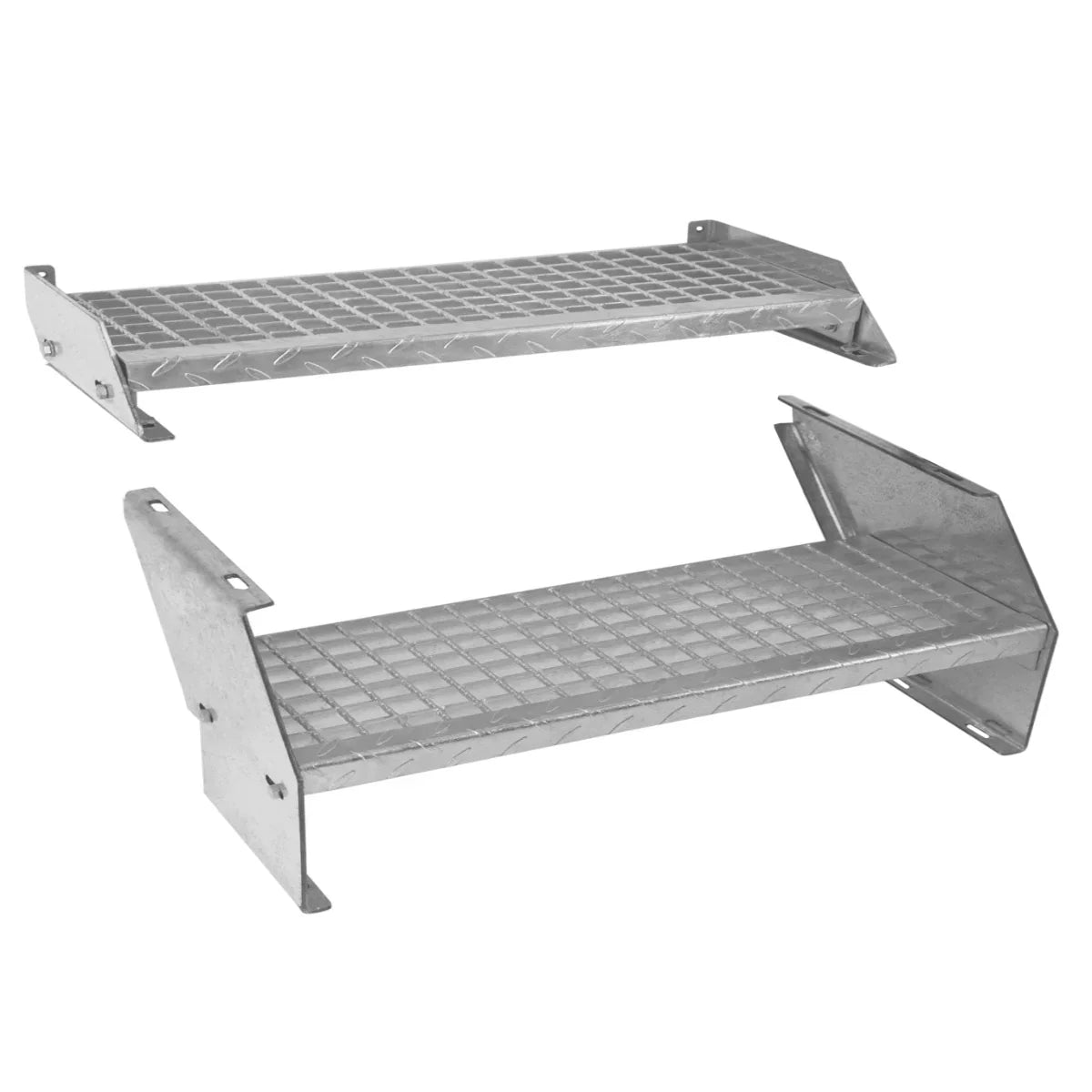 Adjustable galvanised staircase with two sections, featuring a diamond-patterned surface and sturdy metal construction, 900mm wide