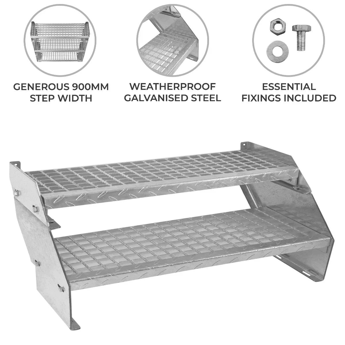 Adjustable 2 section staircase made of weatherproof galvanised steel, featuring a 900mm wide diamond-patterned step surface and essential fixings included