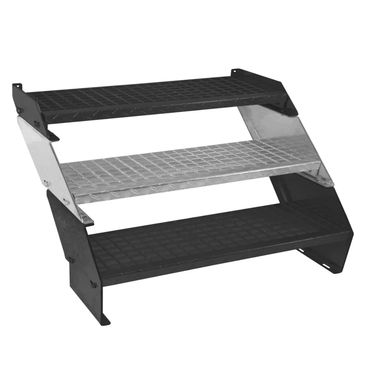 Galvanised steel steps with three textured black and silver platforms, designed for stability and durability, measuring 900mm wide
