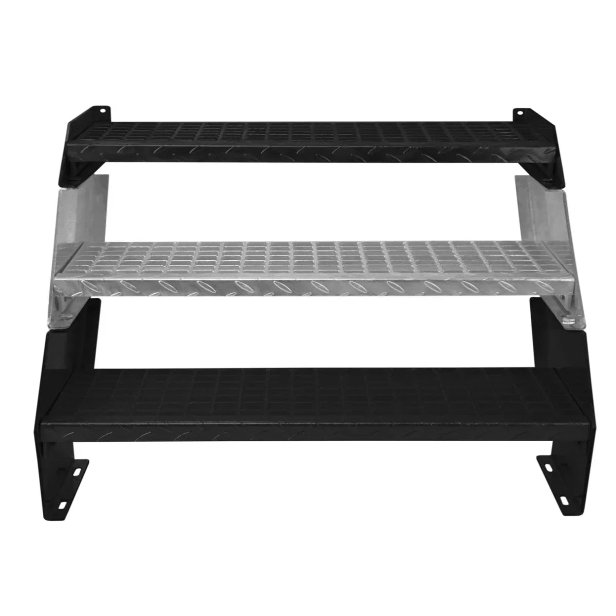 Galvanised steel steps with three textured black and silver platforms, designed for stability and easy access, 900mm wide