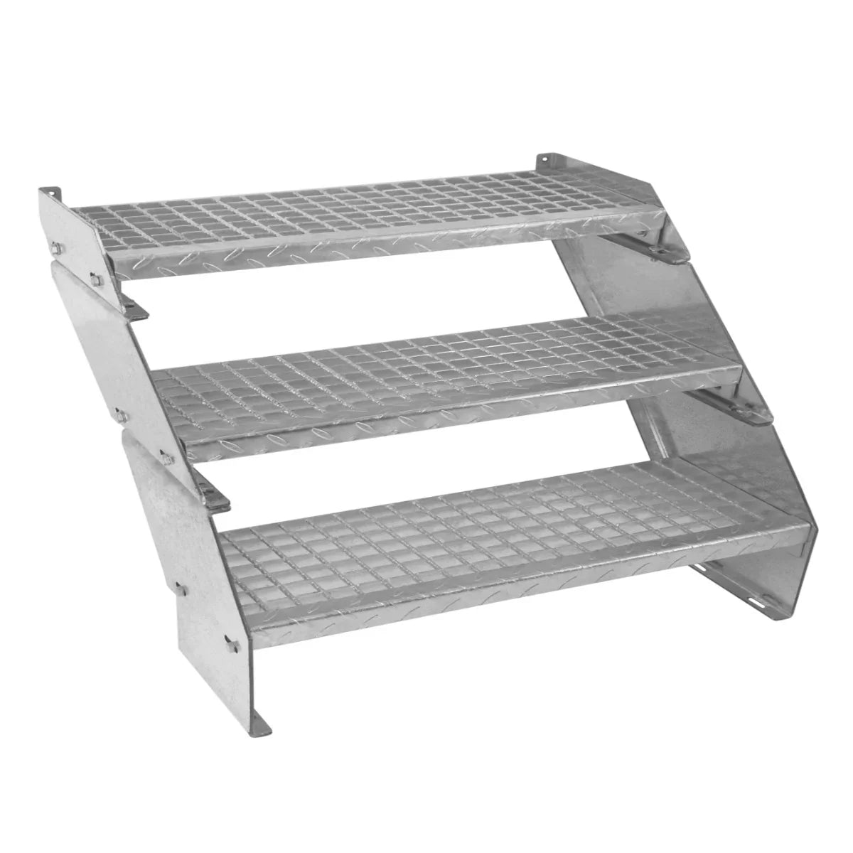 Galvanised steel steps with three textured, non-slip treads, 900mm wide, featuring a durable, rust-resistant finish