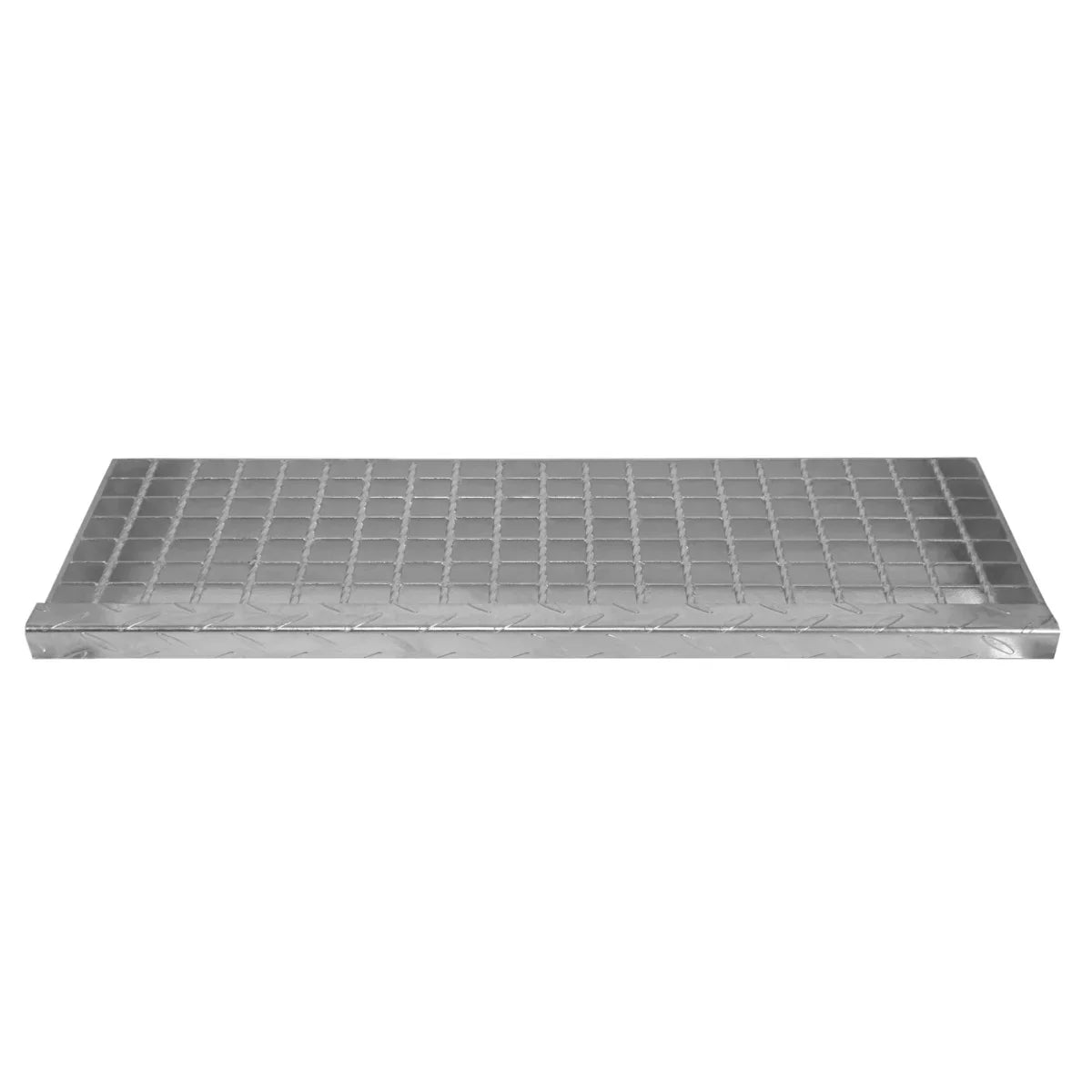 Galvanised steel step measuring 900mm wide, featuring a textured surface for grip and a sturdy, durable construction