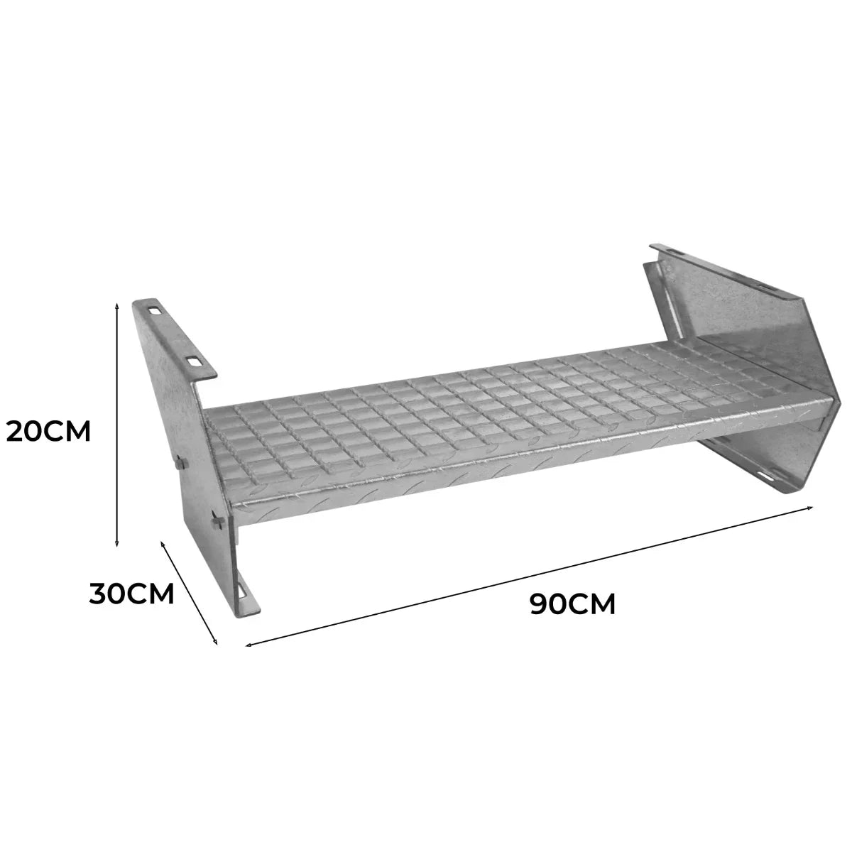 Galvanised steel steps measuring 900mm wide, featuring a textured surface for grip, sturdy construction, and angled supports
