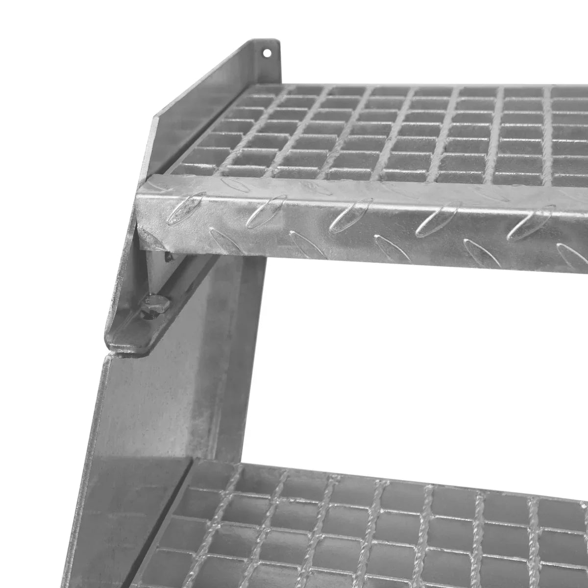 Galvanised steel steps with a 900mm width, featuring a textured surface for grip and sturdy construction for safety and durability