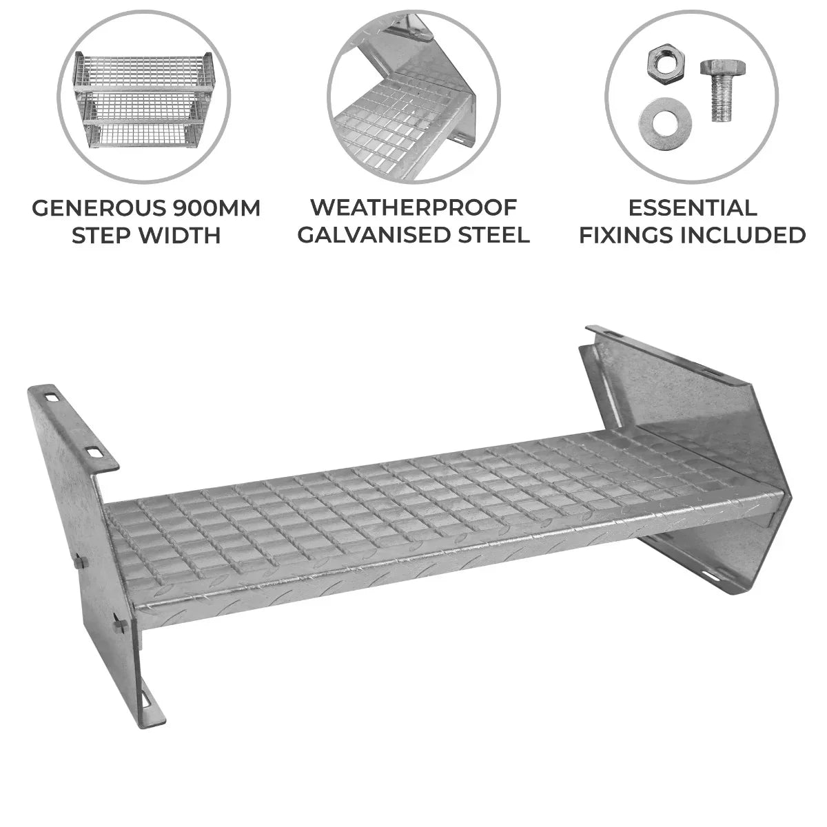 Galvanised steel step with a generous 900mm width, featuring a textured surface and essential fixings for secure installation