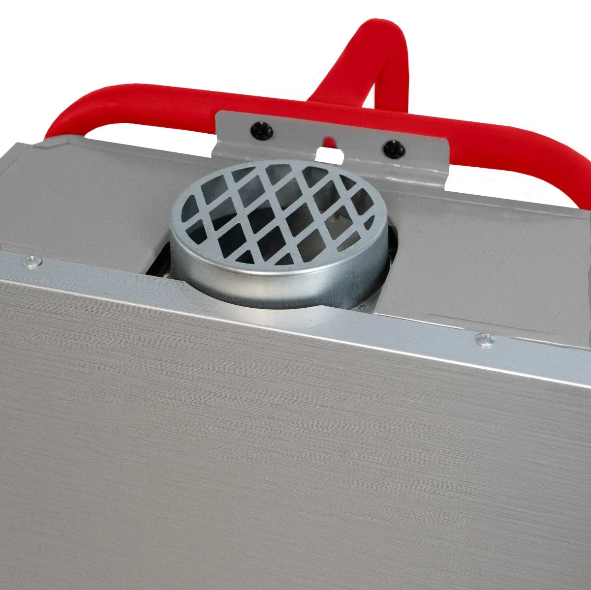 Portable horse shower with a durable aluminum body, red handle, and a metal nozzle featuring a grid pattern for even water flow