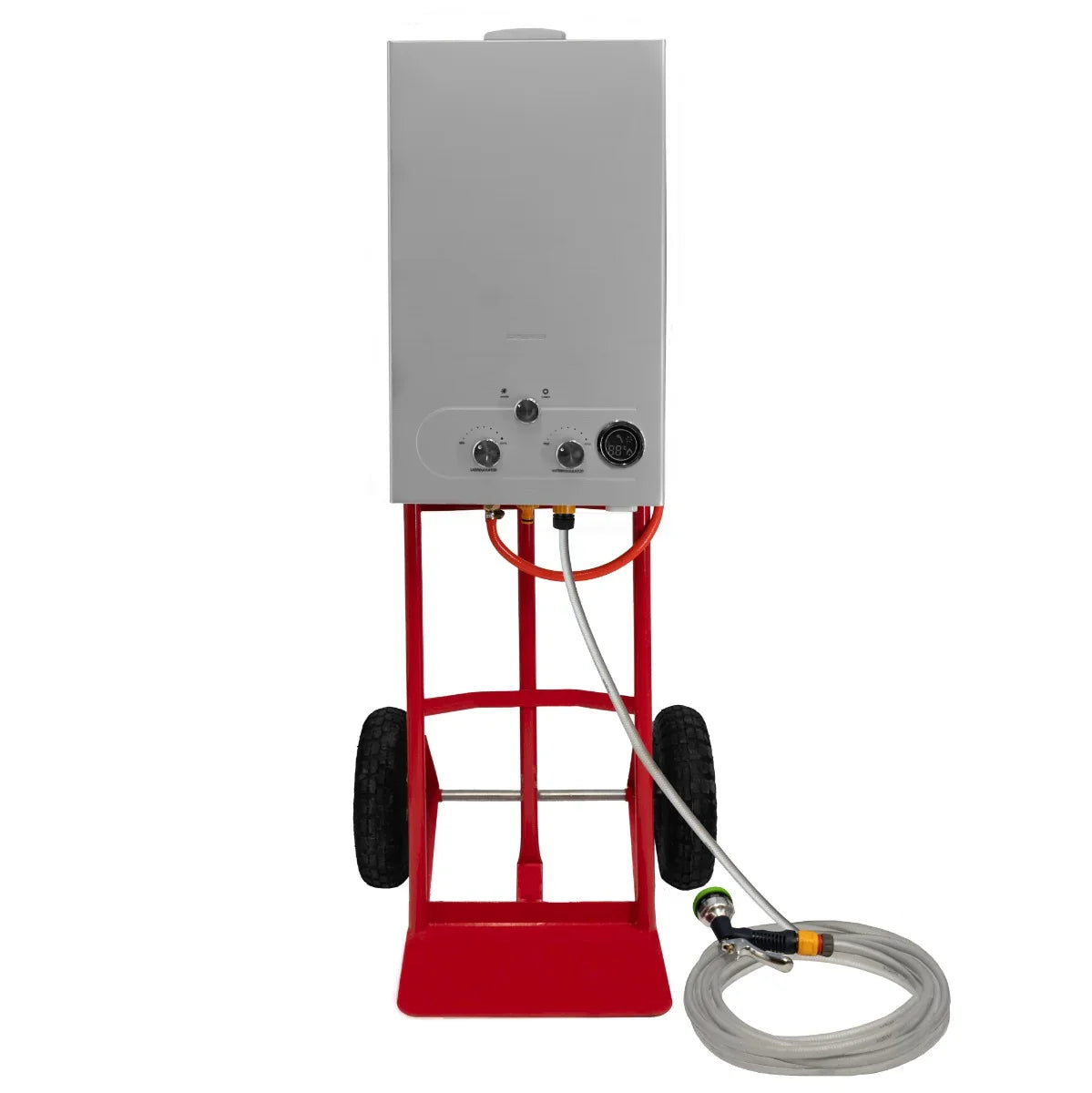 Portable horse shower with 18L tank, silver body on red wheeled cart, featuring adjustable nozzle and hose for easy use