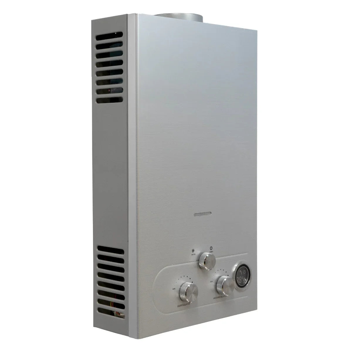 Portable horse shower with a sleek silver design, featuring adjustable temperature controls and a compact, wall-mounted shape