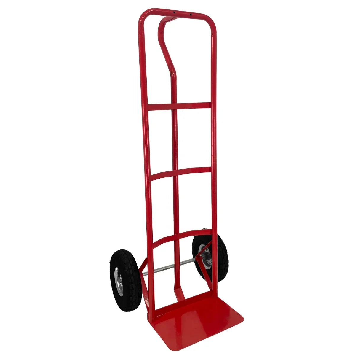 Red portable horse shower cart with sturdy wheels, designed for easy transport of 18L water tank, featuring a durable metal frame