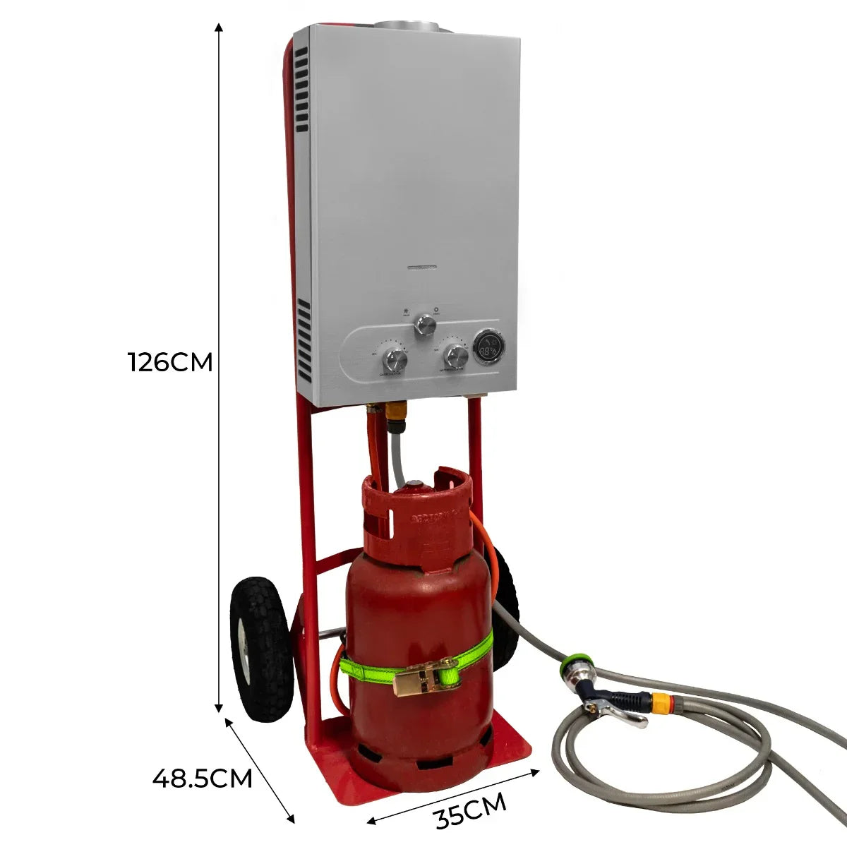 Portable horse shower with 18L capacity, featuring a sleek silver unit on a red wheeled cart, connected to a gas cylinder and hose
