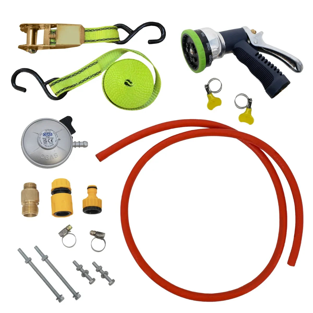 Portable horse shower kit with 18L tank, green hose, spray nozzle, securing straps, and various connectors for easy setup