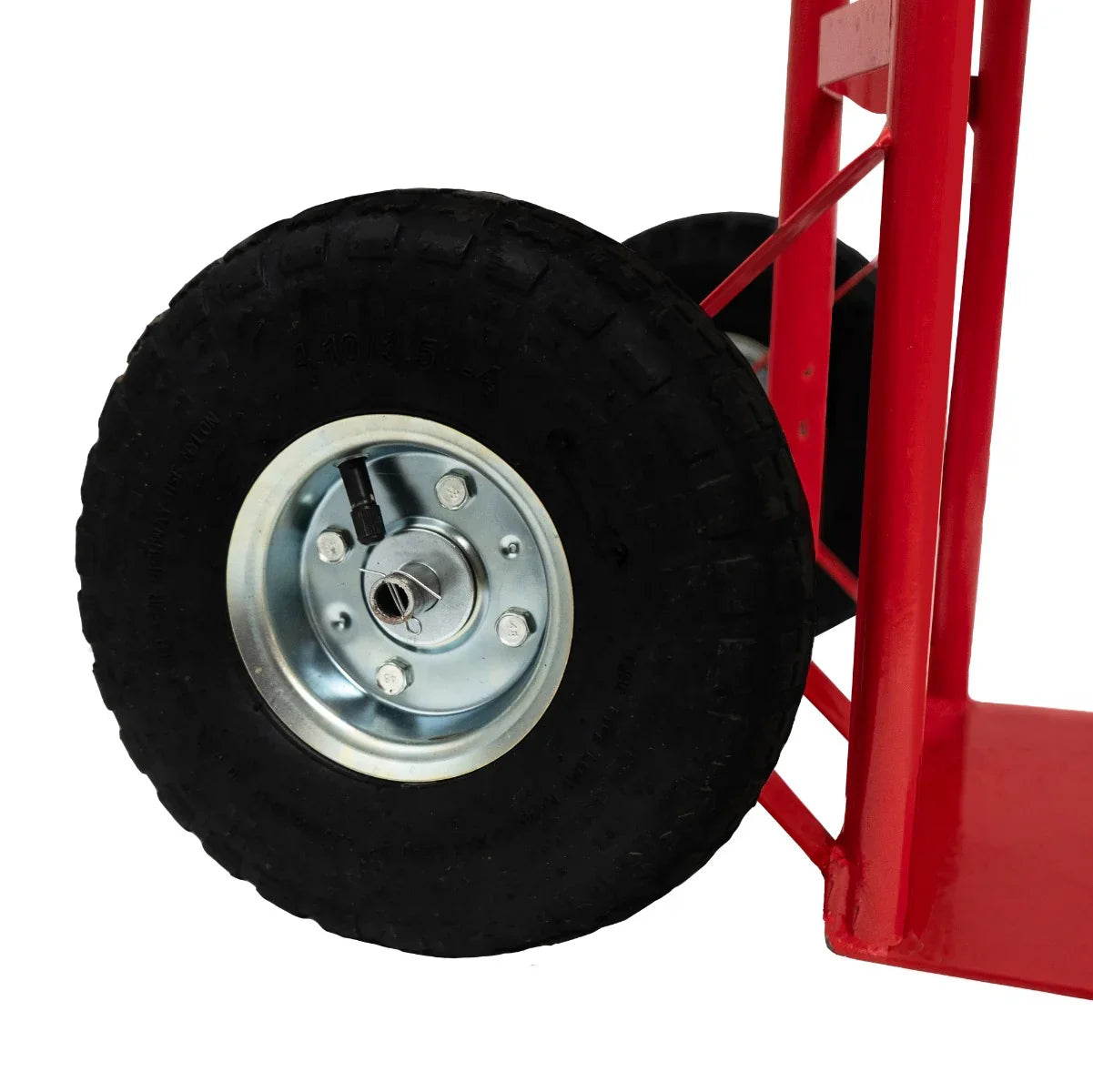 Heavy-duty rubber wheel of a portable horse shower cart, featuring a sturdy metal rim and a rugged tread for easy mobility