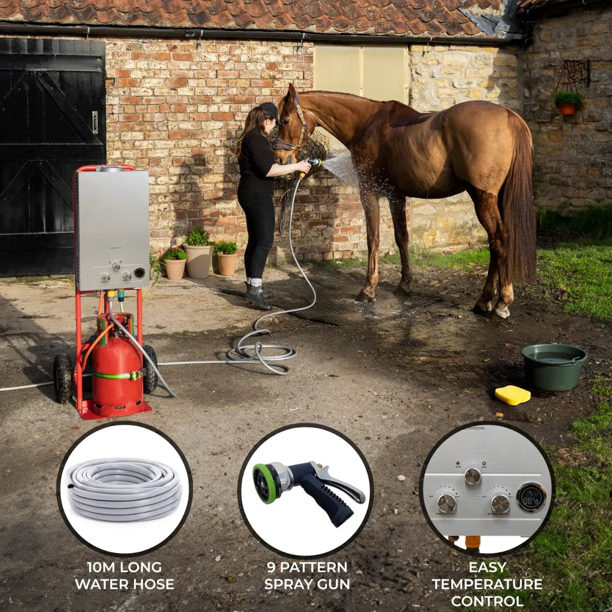 Portable horse shower with 18L tank, 10m hose, and 9-pattern spray gun, providing easy temperature control for horse bathing
