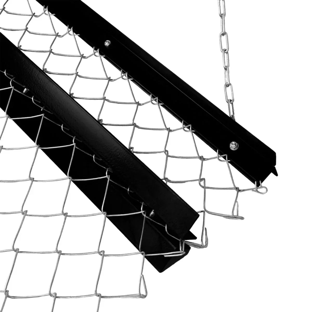 Durable black chain drag harrow with a sturdy metal frame and interwoven mesh, designed for effective soil leveling and aeration