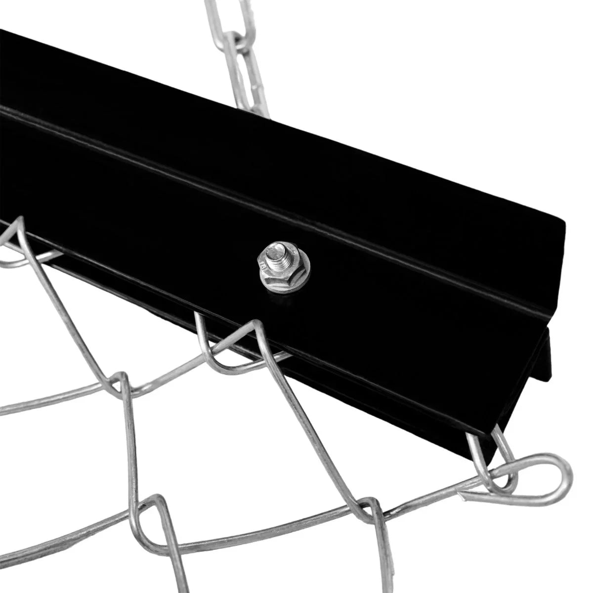 Close-up of a black metal frame with a silver bolt, showcasing the durable chain mesh of a 1.5m x 1.2m chain drag harrow