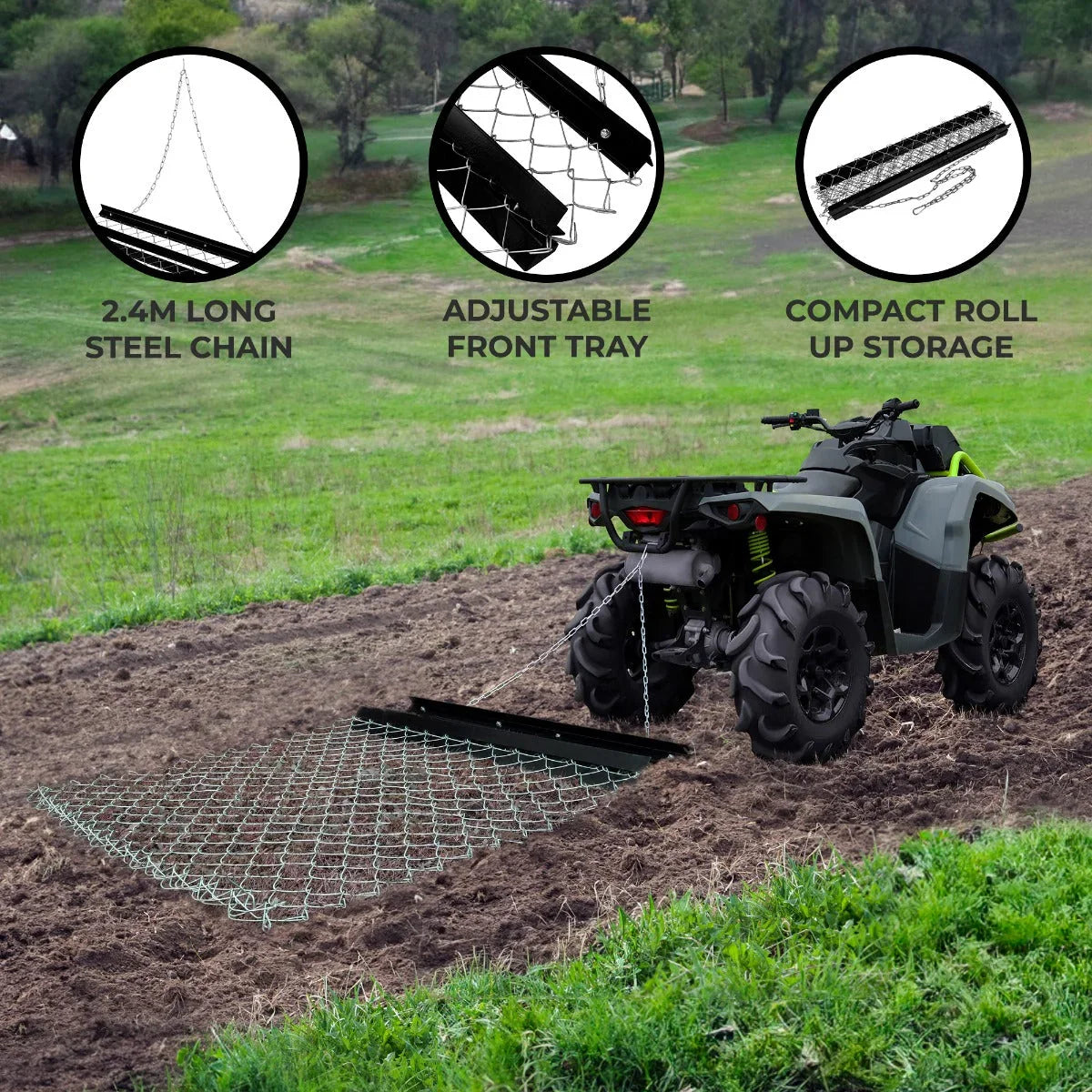 Chain drag harrow 1.5m x 1.2m with 2.4m steel chain, adjustable front tray, and compact roll-up design for easy storage