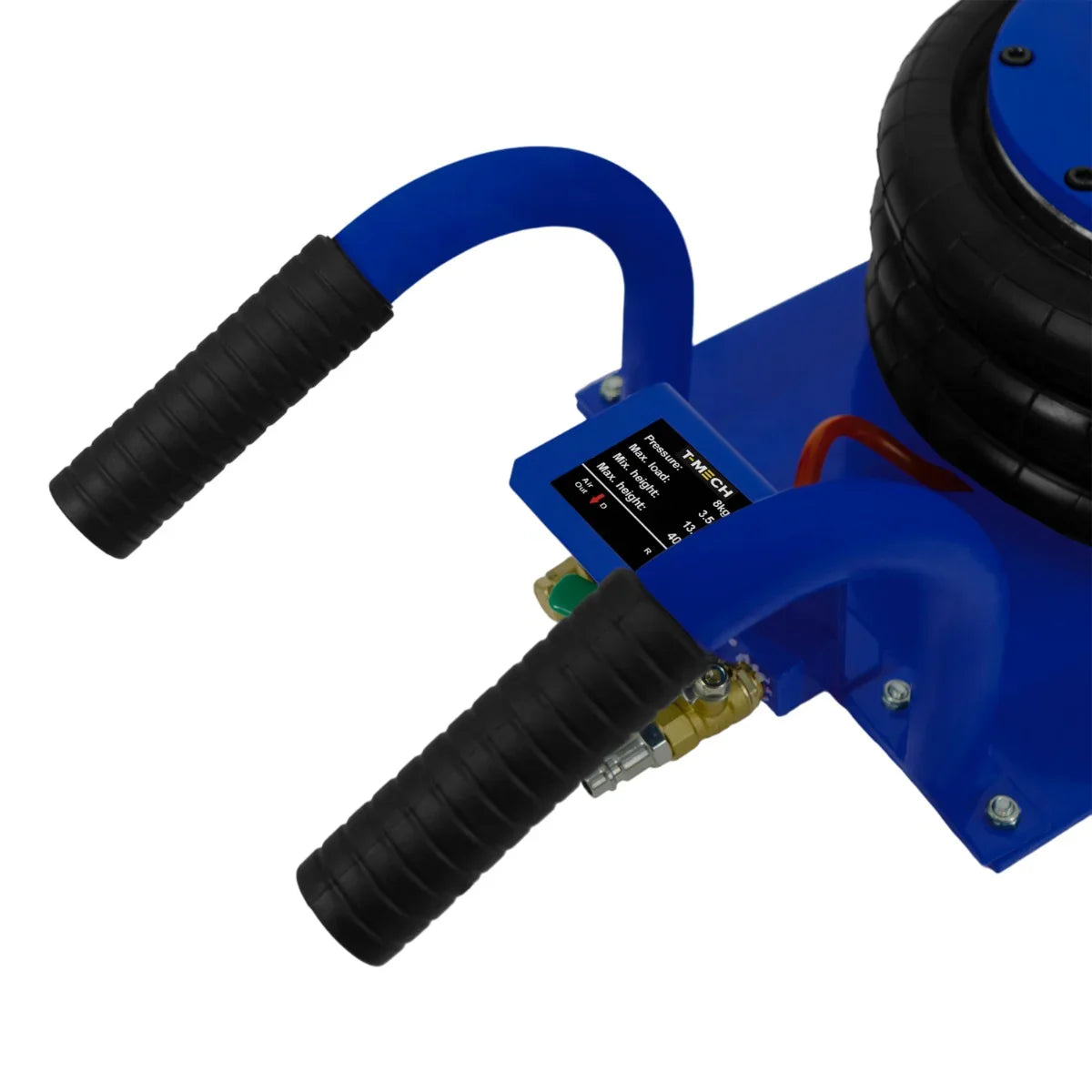 Blue air bag jack with textured black rubber carrying handles and a sturdy base, designed for lifting up to 3.5 tons