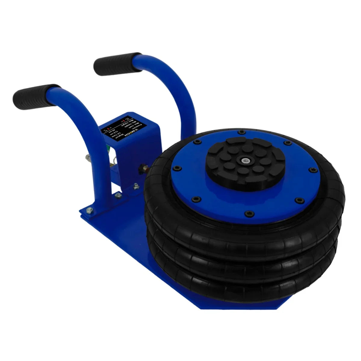 Air Bag Jack 3.5T with a sturdy blue base, textured rubber lifting bags, and ergonomic black carrying handles for easy transport