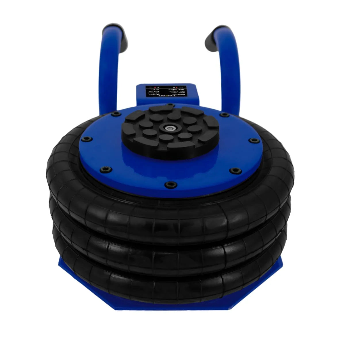 Blue air bag jack with a sturdy carrying handle, featuring a textured rubber surface and a hexagonal base for stability