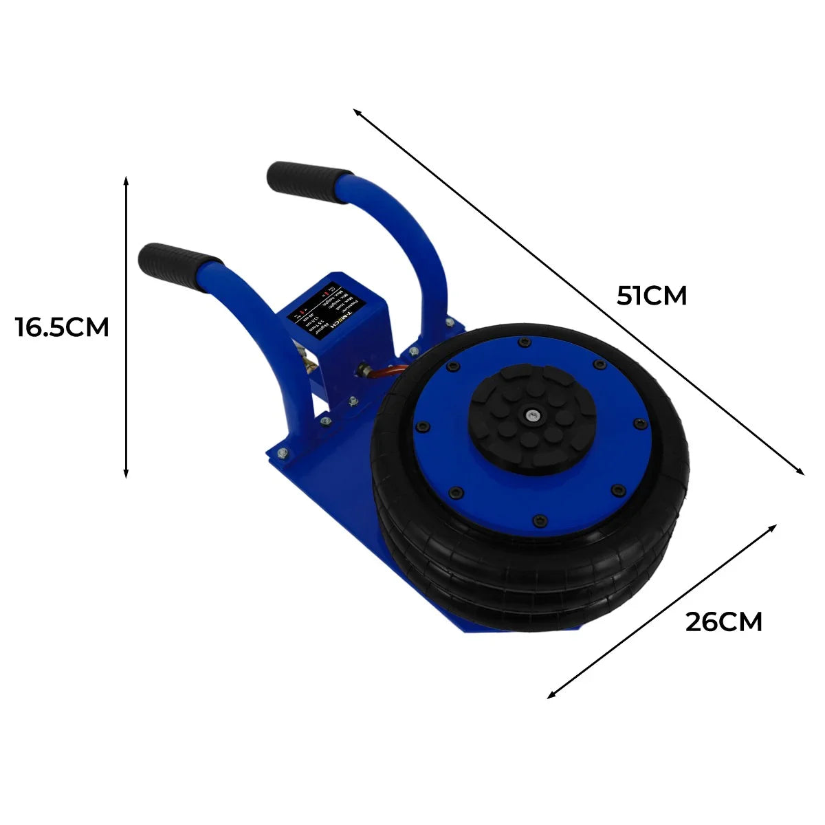 Air Bag Jack 3.5T with a blue carrying handle, featuring a large black rubber lifting pad, measuring 51cm by 26cm, and 16.5cm high