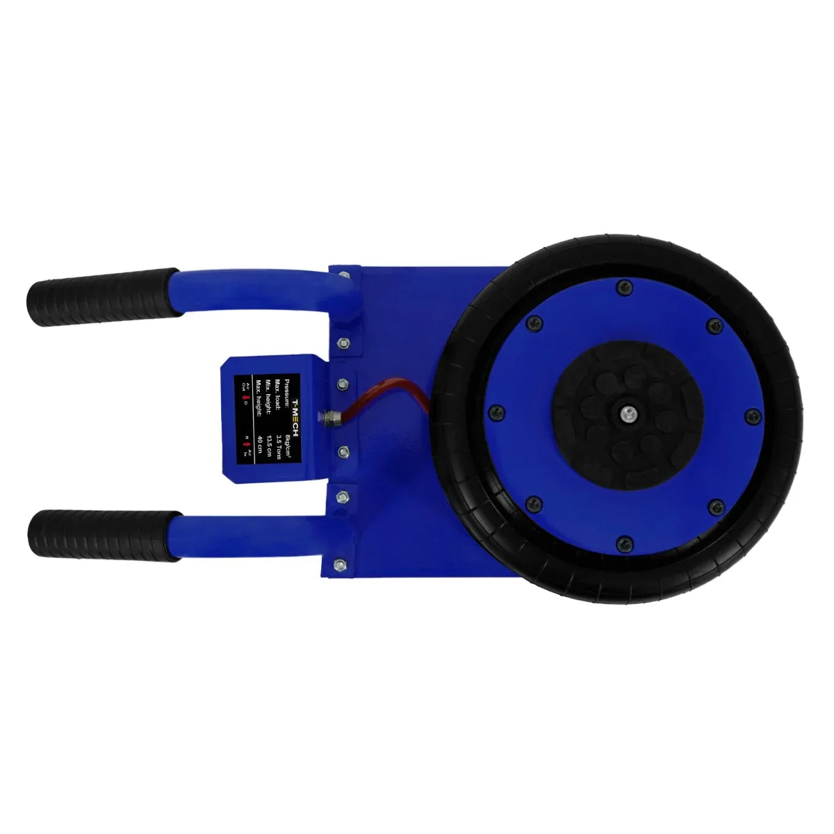 Blue air bag jack with a sturdy carrying handle, featuring a textured black wheel and control panel for easy operation