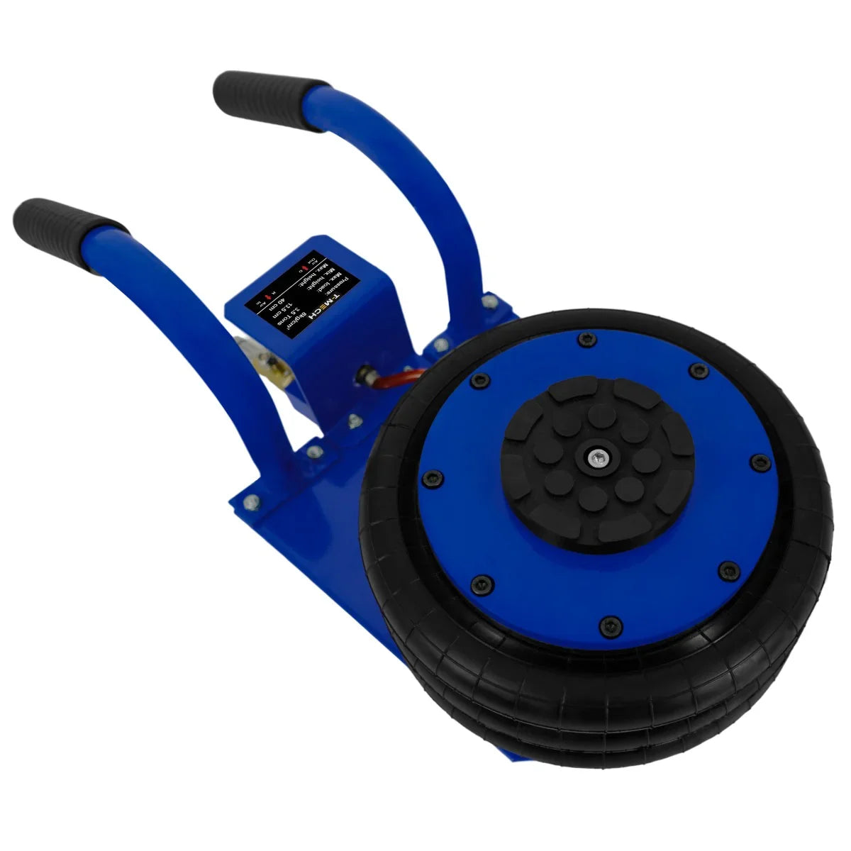 Air Bag Jack 3.5T with a sturdy blue carrying handle, featuring a textured black rubber wheel for enhanced grip and stability