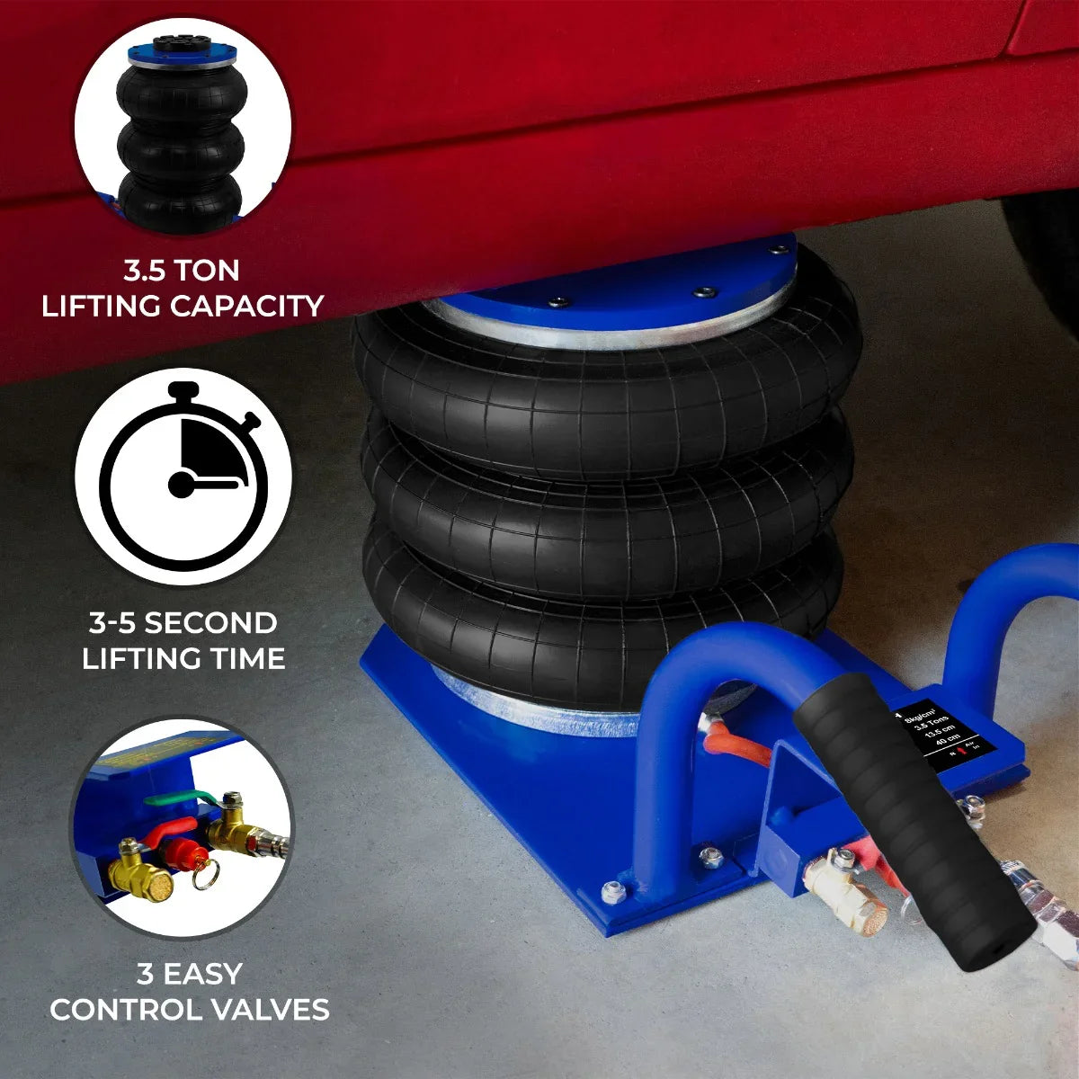 Air Bag Jack 3.5T with a blue base, black rubber air bags, and a textured carrying handle for easy lifting and control