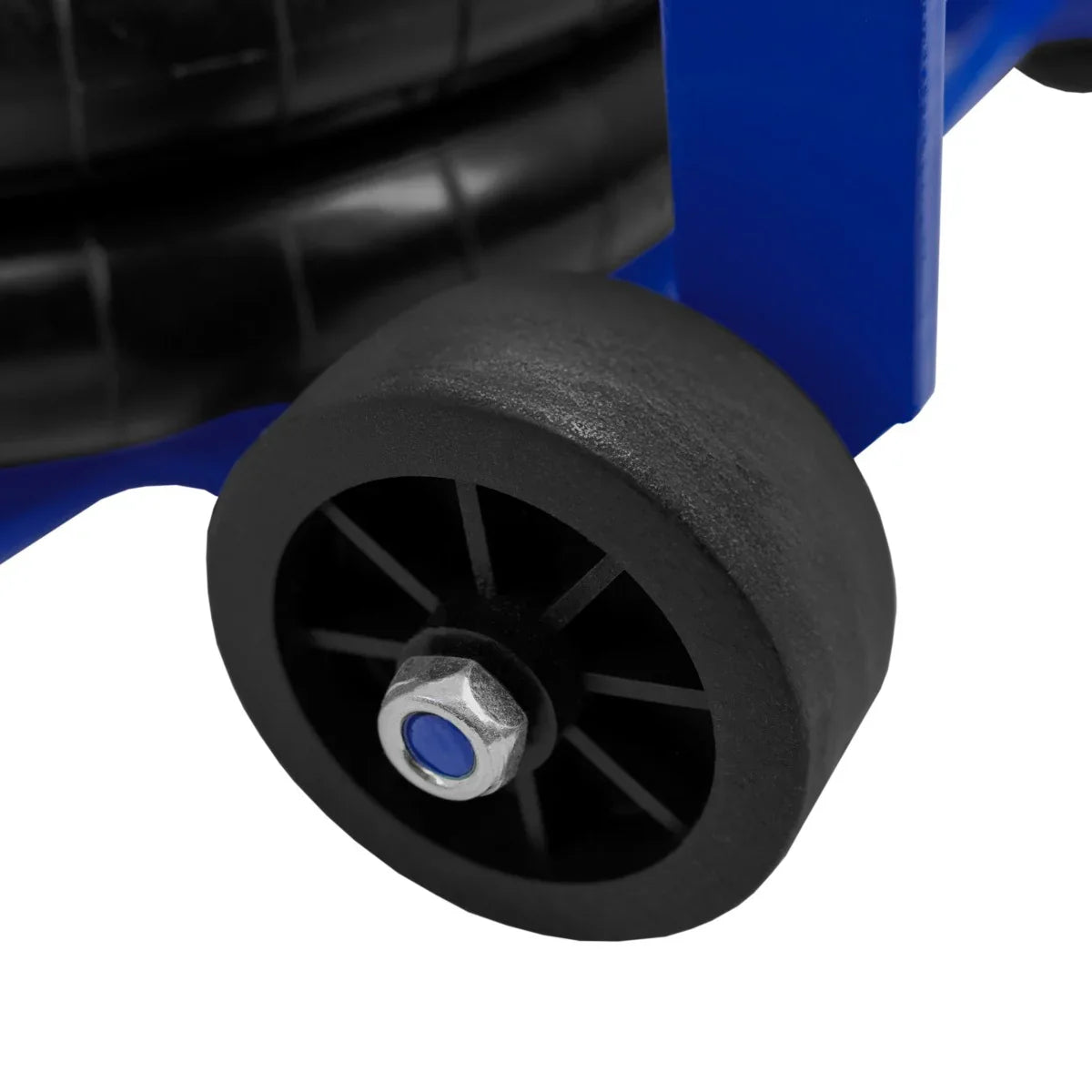 Black rubber wheel of a blue Air Bag Jack 3.5T Long Lever Handle, showcasing sturdy construction and smooth mobility for lifting tasks