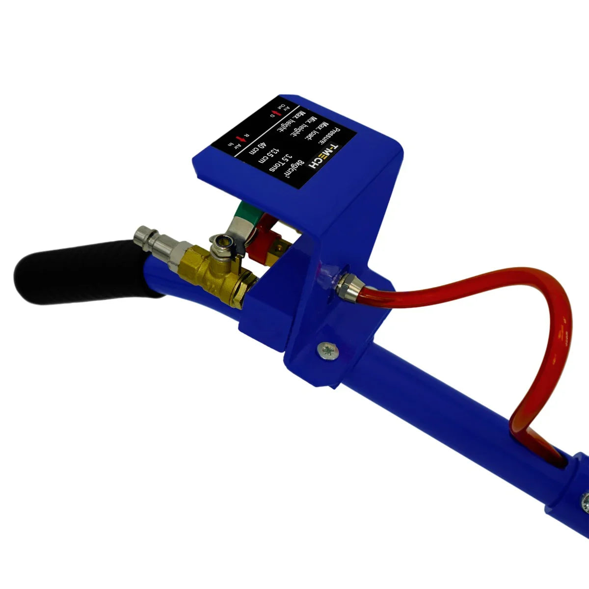 Air Bag Jack 3.5T features a long blue lever handle, pressure gauge, and colorful control buttons for easy lifting and operation