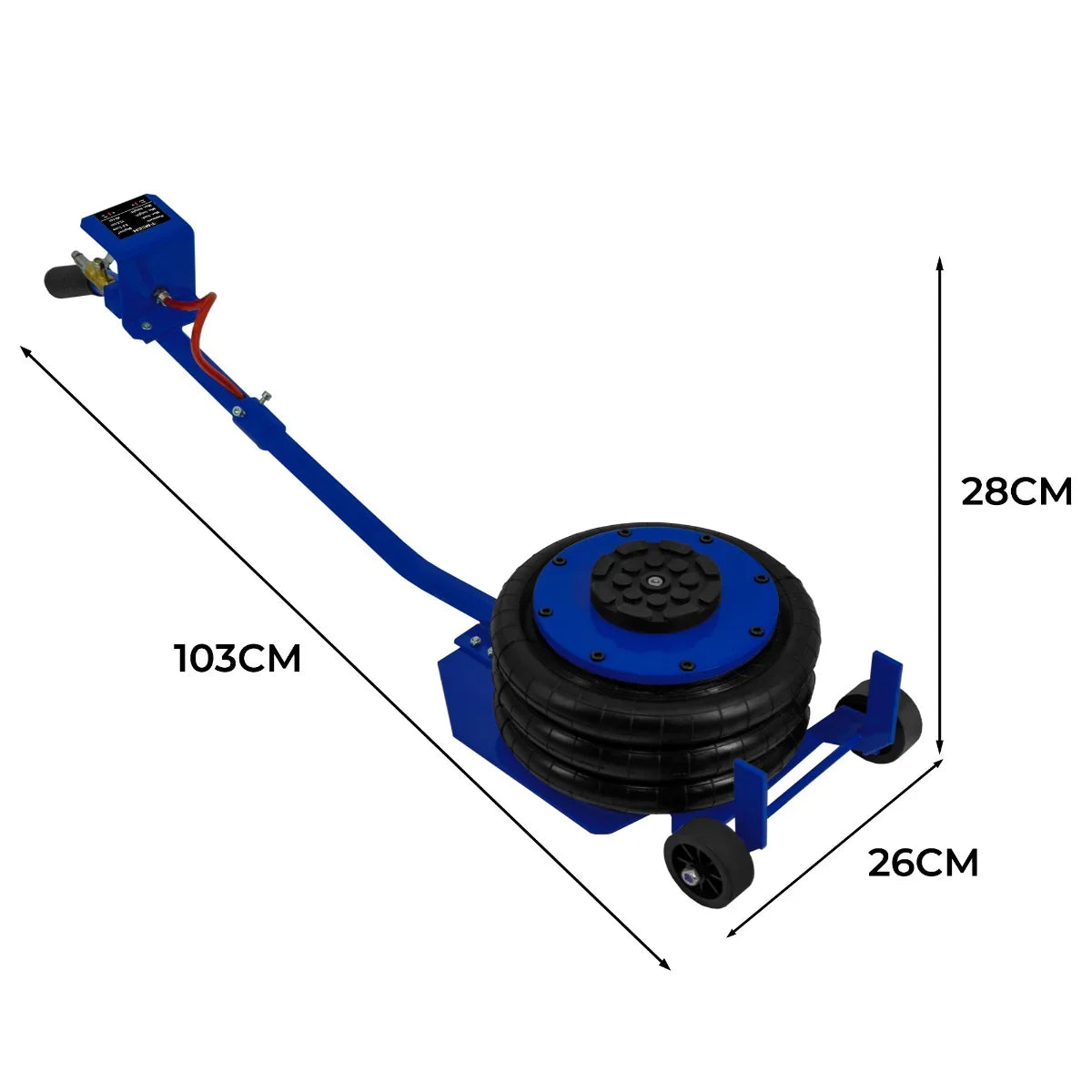 Air Bag Jack 3.5T with long blue lever handle, circular black base, and wheels for easy mobility, dimensions 103cm x 28cm x 26cm