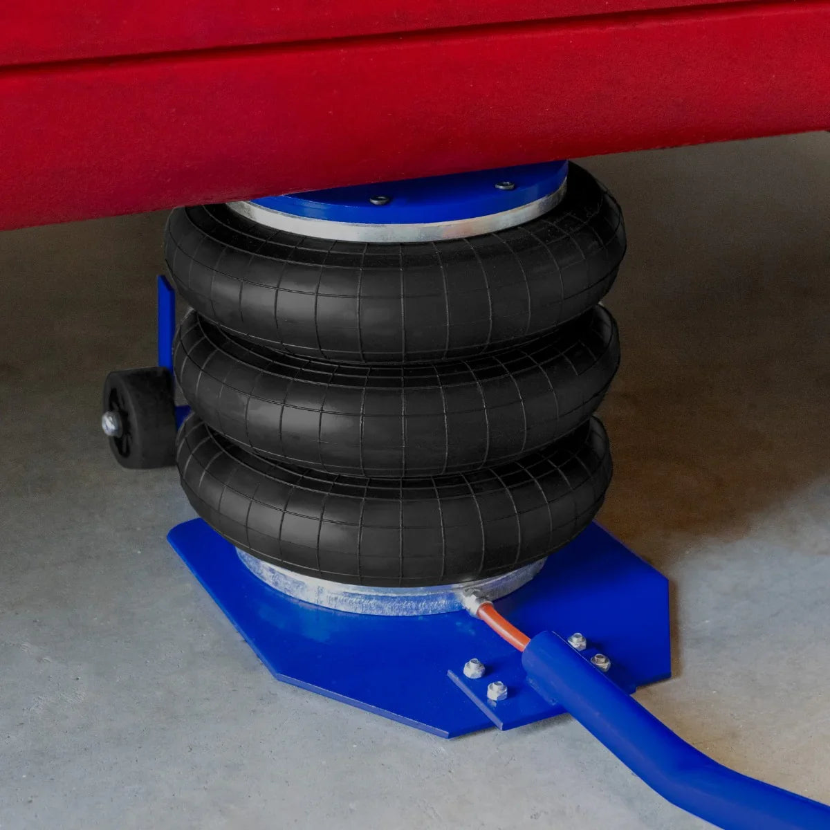 Air Bag Jack 3.5T with long lever handle, featuring three stacked black rubber bags on a blue base, designed for lifting vehicles