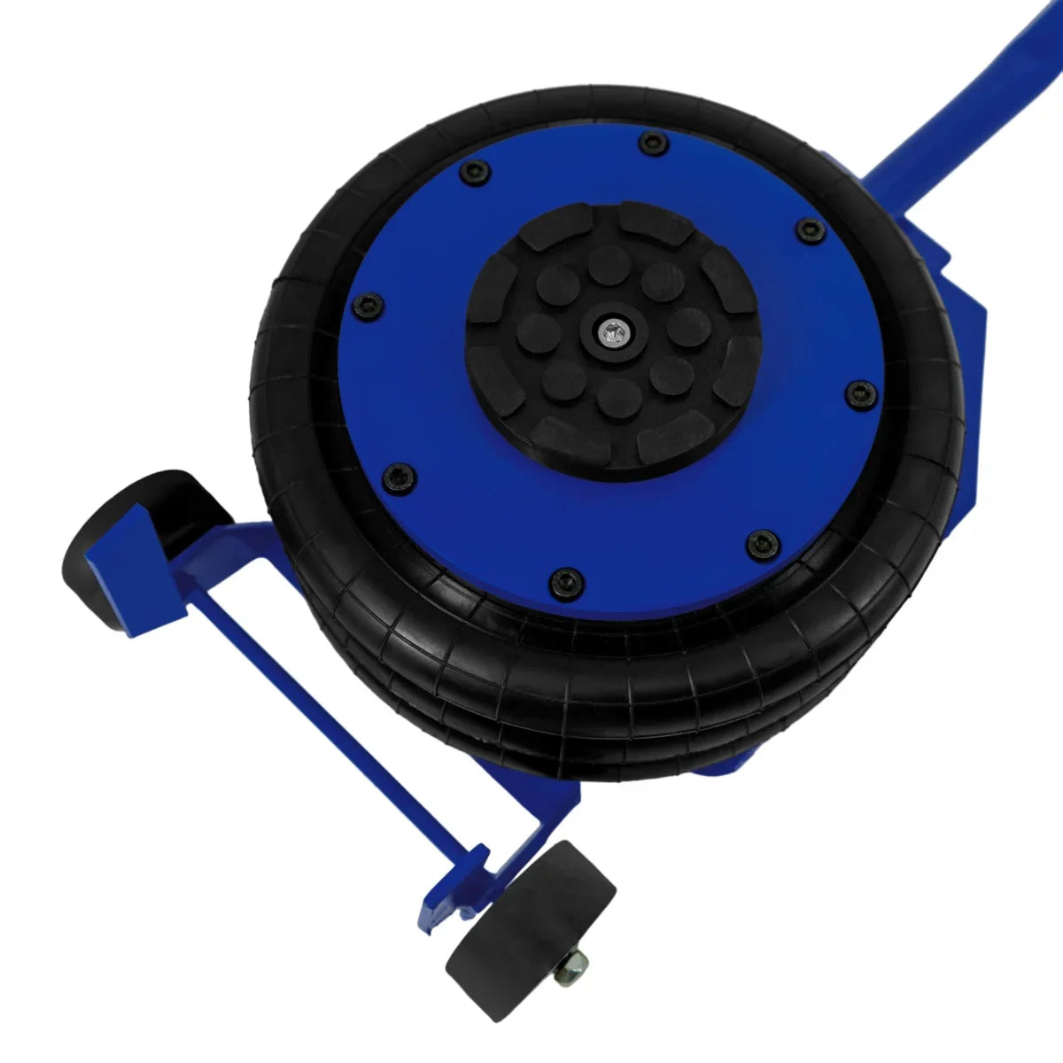 Blue air bag jack with a long lever handle, featuring a textured rubber base and sturdy wheel for easy maneuverability
