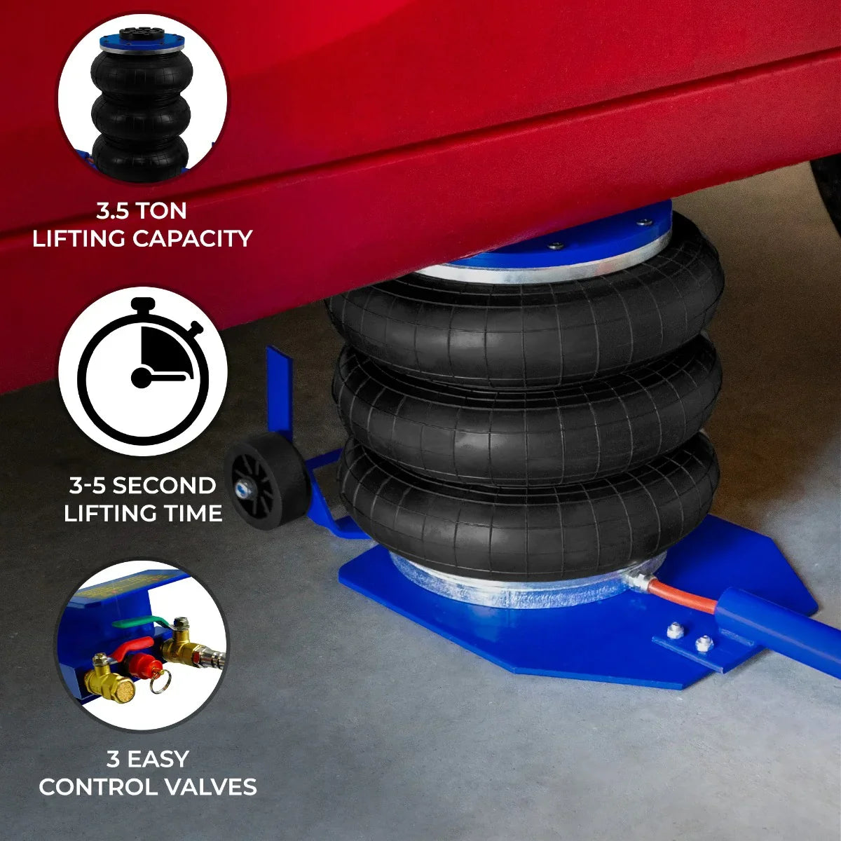 Air Bag Jack 3.5T features durable black rubber airbags, a sturdy blue base, and three control valves for quick lifting under vehicles
