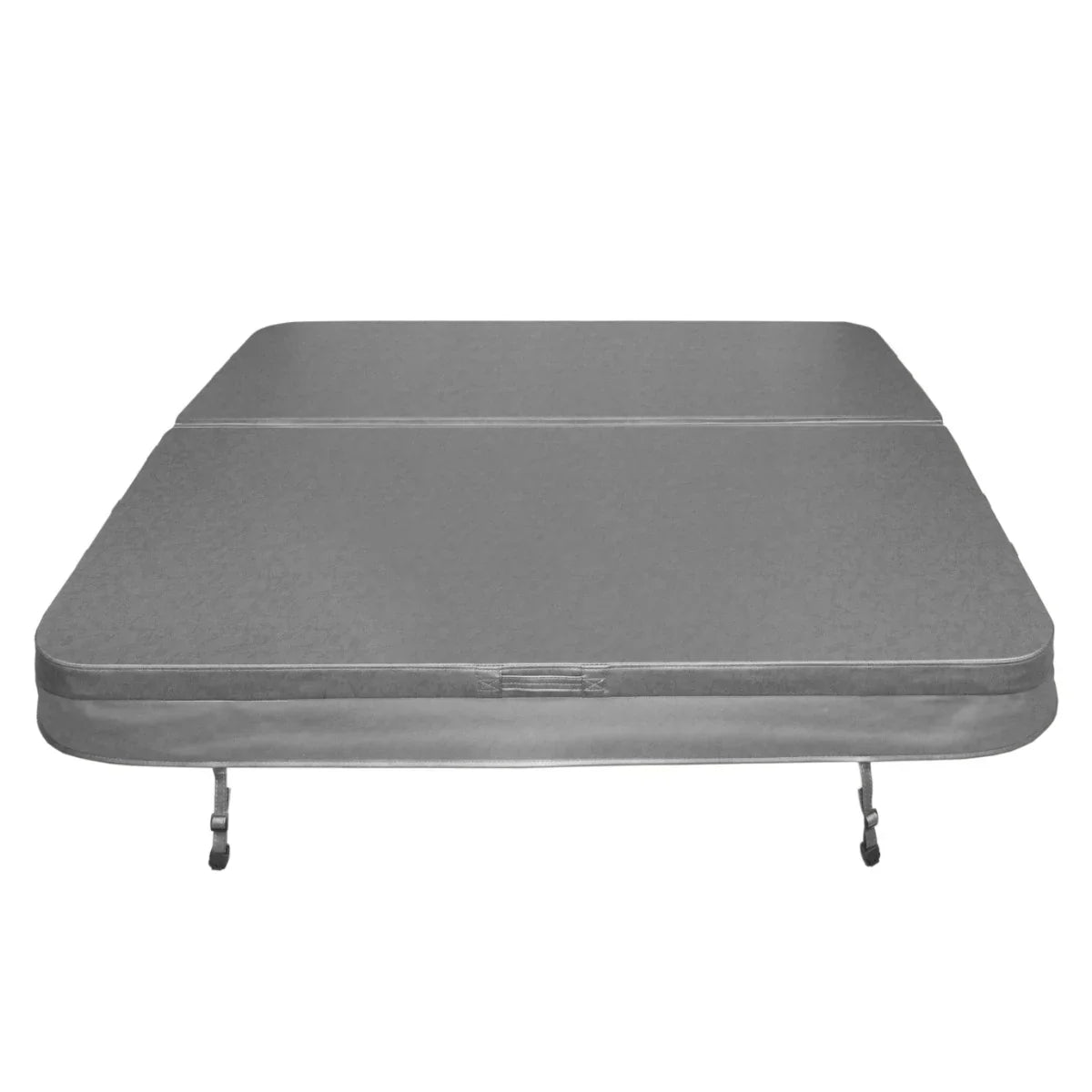 Grey 2m hot tub spa cover with a smooth texture, featuring a secure fastening system and sturdy support legs for durability