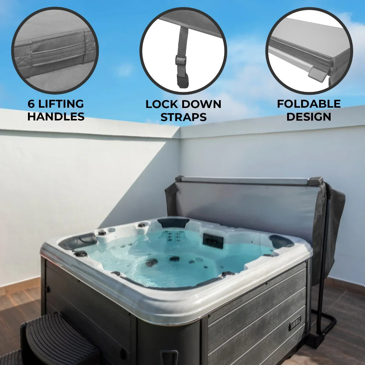 Grey 2m hot tub spa cover featuring six lifting handles, lock down straps, and a foldable design for easy storage and access