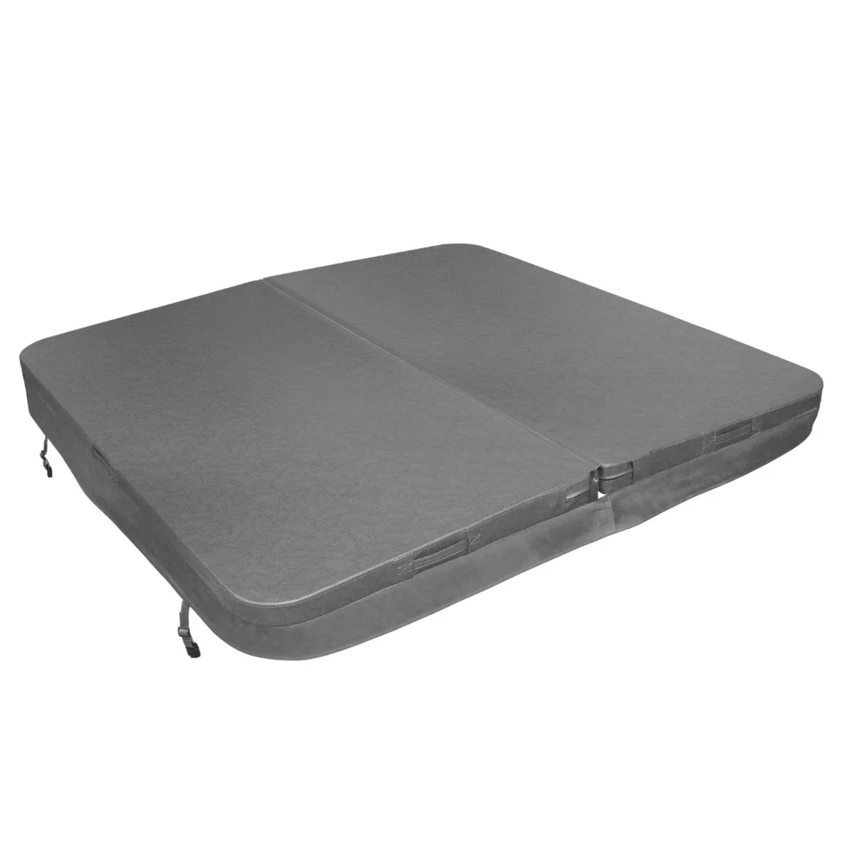 Grey 2.1m hot tub spa cover with a textured surface, featuring secure straps and a sleek, rectangular shape for optimal insulation
