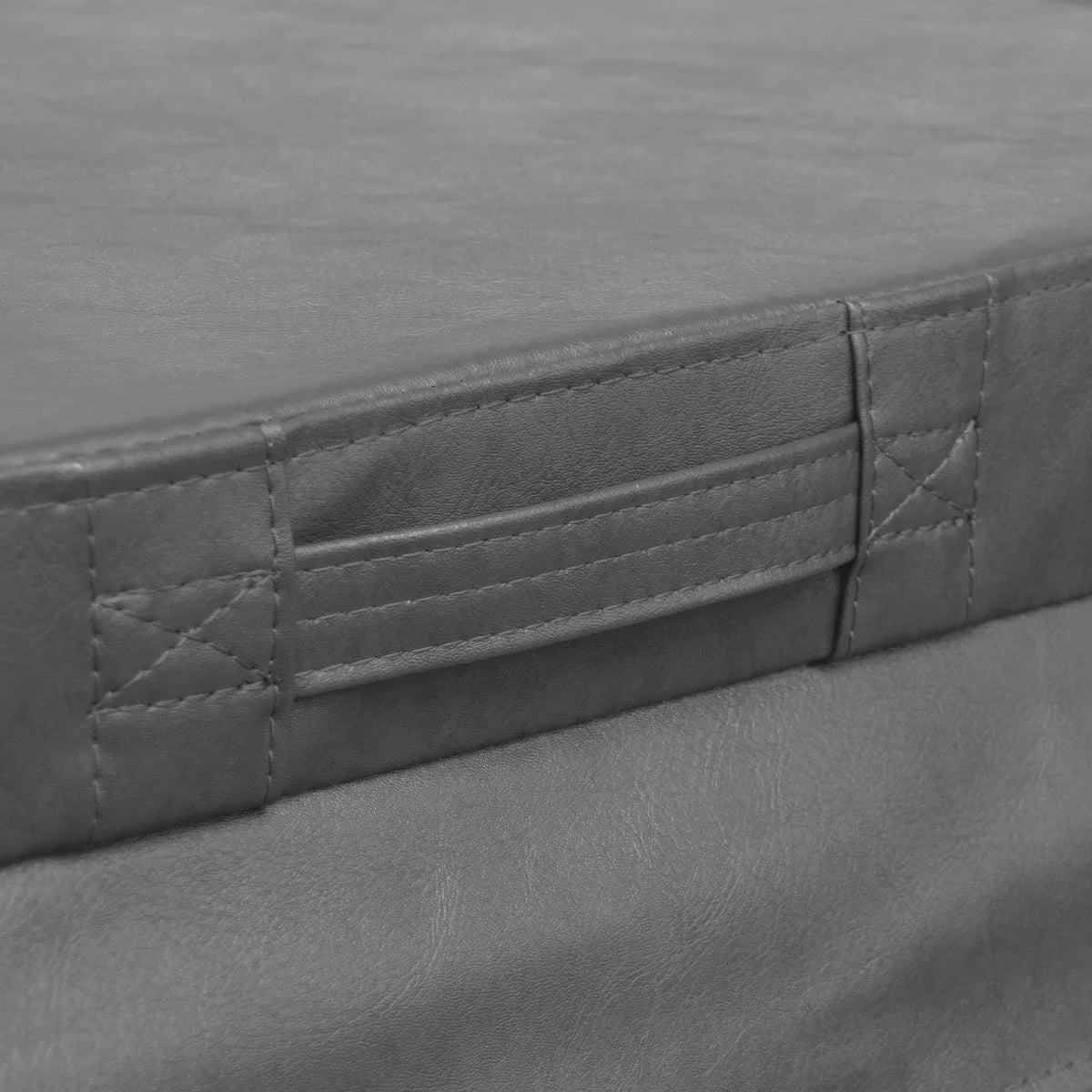 Grey 2.1m hot tub spa cover featuring a textured surface, reinforced stitching, and convenient side handles for easy removal