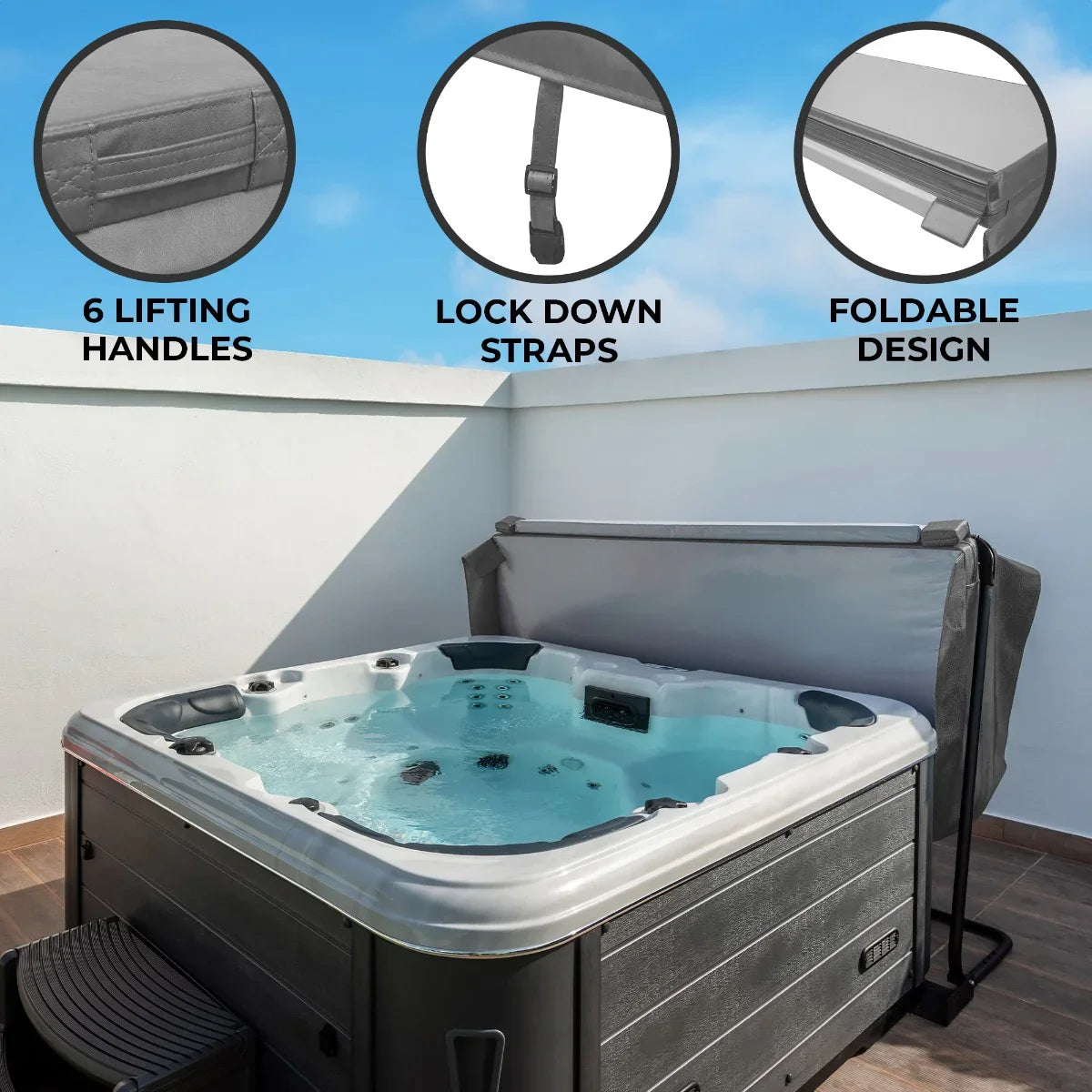 Grey 2.1m hot tub spa cover featuring six lifting handles, lock down straps, and a foldable design for easy storage and use