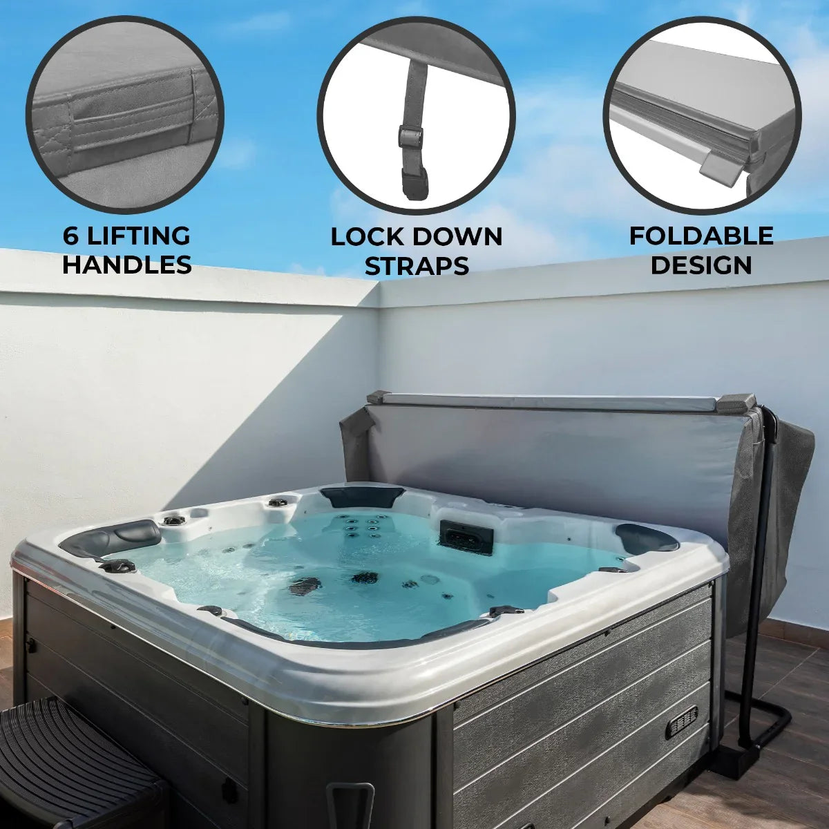 Grey 2.2m hot tub spa cover featuring six lifting handles, lock down straps, and a foldable design for easy storage and access