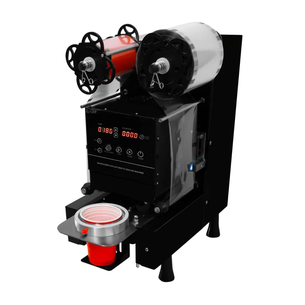 Automatic cup sealing machine with dual rollers, digital display, and a sleek black body, designed for efficient sealing of cups