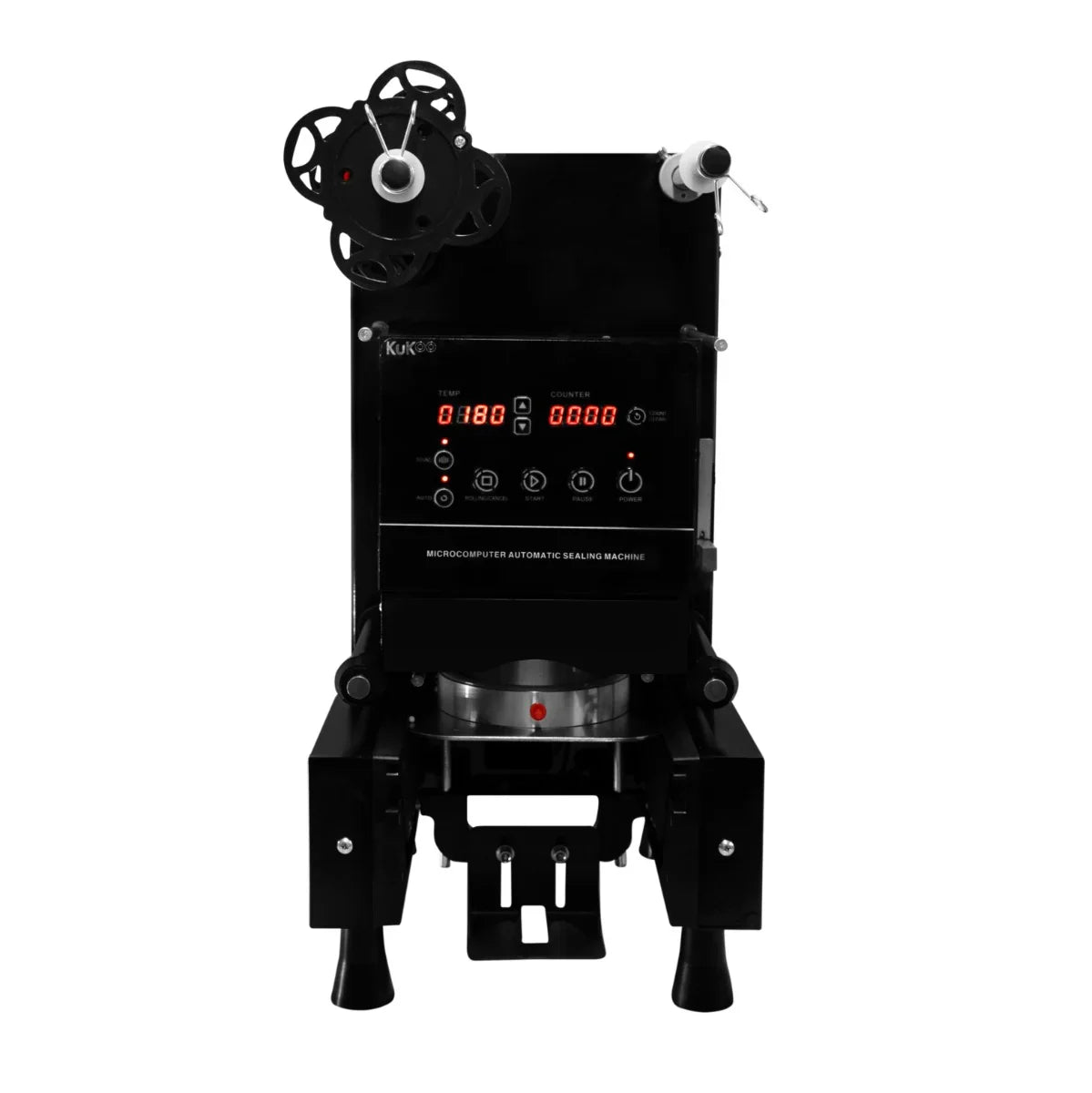 Automatic cup sealing machine with a sleek black design, digital display, and roll holder for sealing cups efficiently