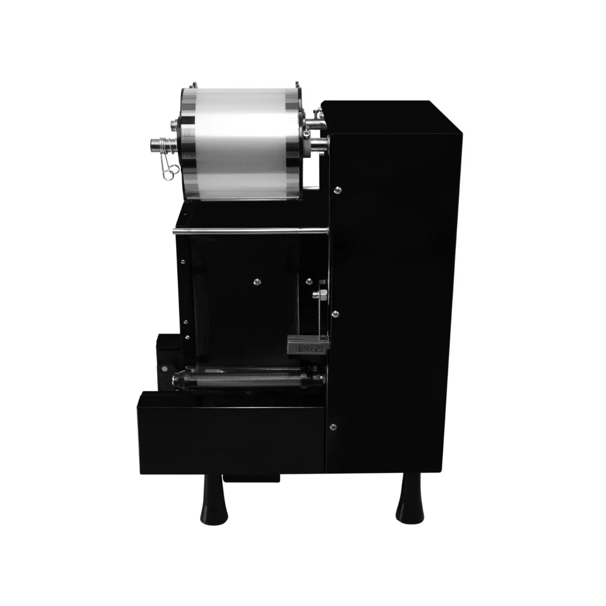 Automatic cup sealing machine in sleek black with a stainless steel roller, designed for efficient sealing of beverage cups