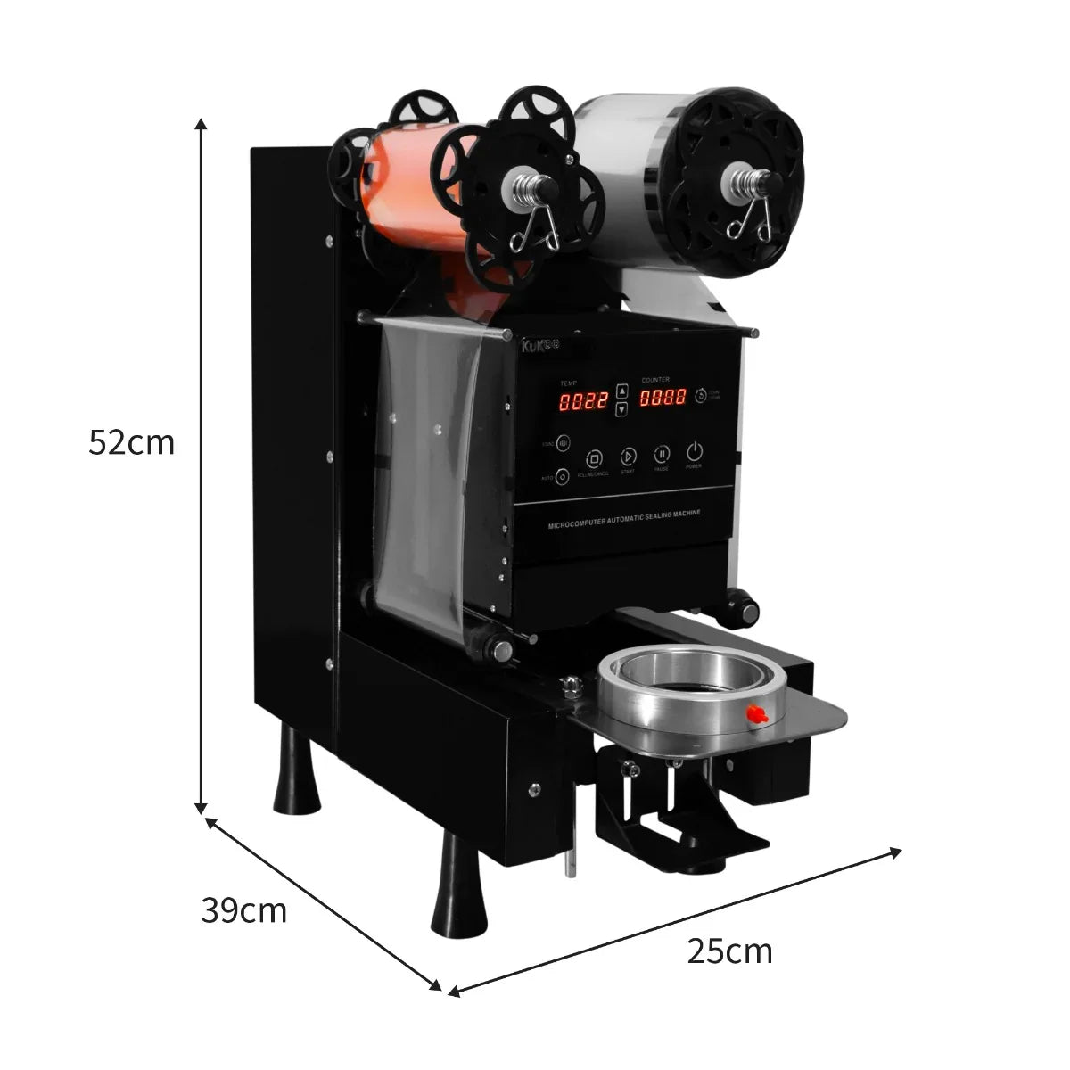 Automatic cup sealing machine in sleek black, featuring digital display, dual rollers, and compact design for efficient sealing