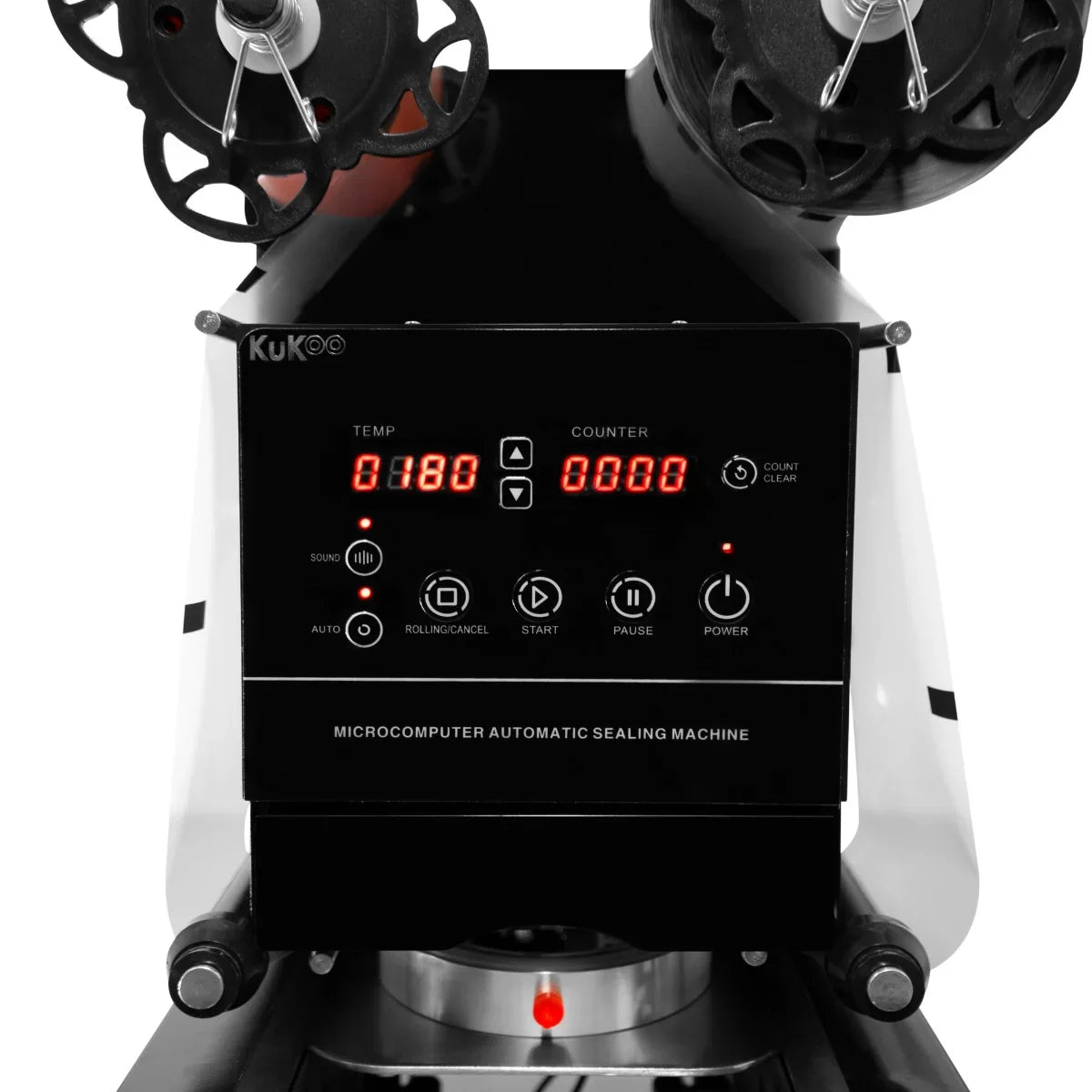 Automatic cup sealing machine with digital display, buttons for temperature and counter, sleek black design, and dual sealing heads