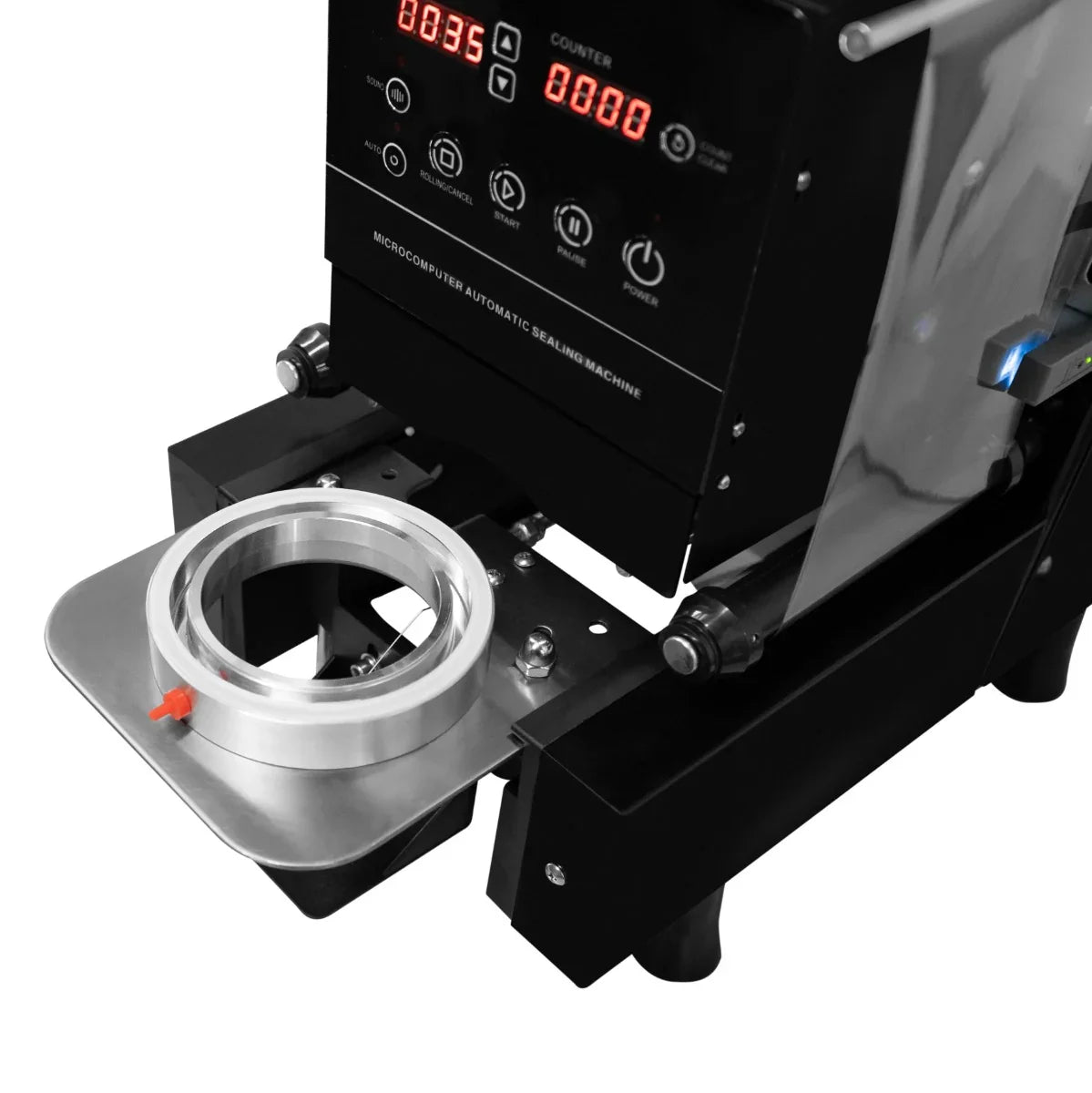 Automatic cup sealing machine with a sleek black finish, digital display, and stainless steel sealing platform for efficient sealing