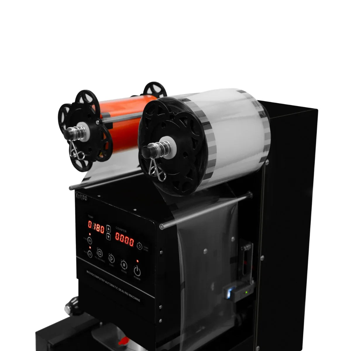 Automatic cup sealing machine with dual roll film holders, digital display, and sleek black design for efficient sealing