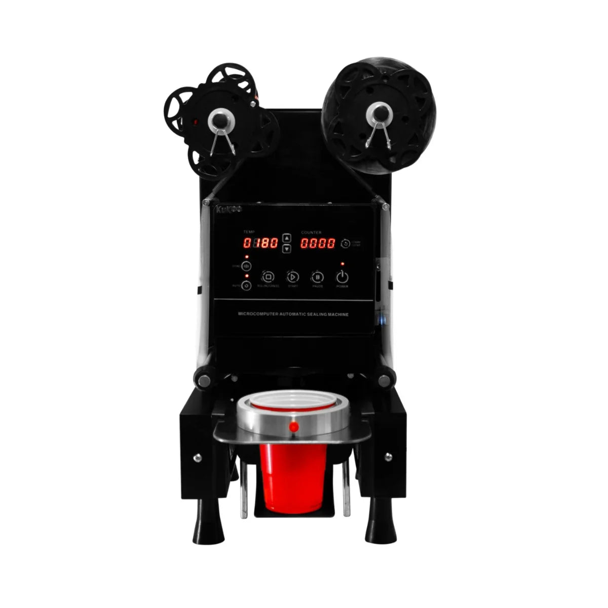 Automatic cup sealing machine with a sleek black design, digital display, and red cup holder for efficient sealing of beverages