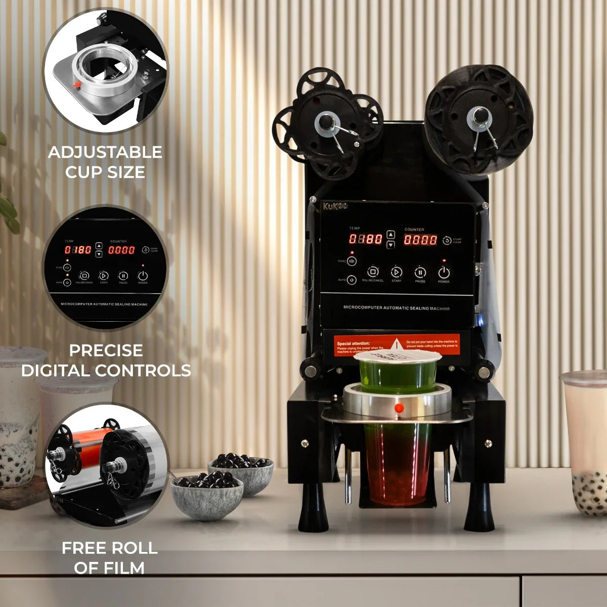 Automatic cup sealing machine with adjustable cup size, precise digital controls, and a sleek black design, includes a free roll of film